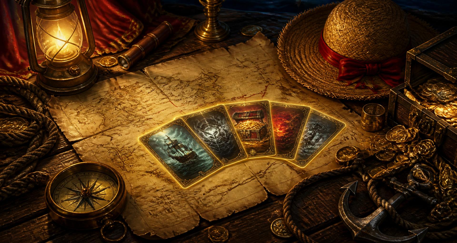 Pirate treasure map with trading cards, a compass, and a straw hat